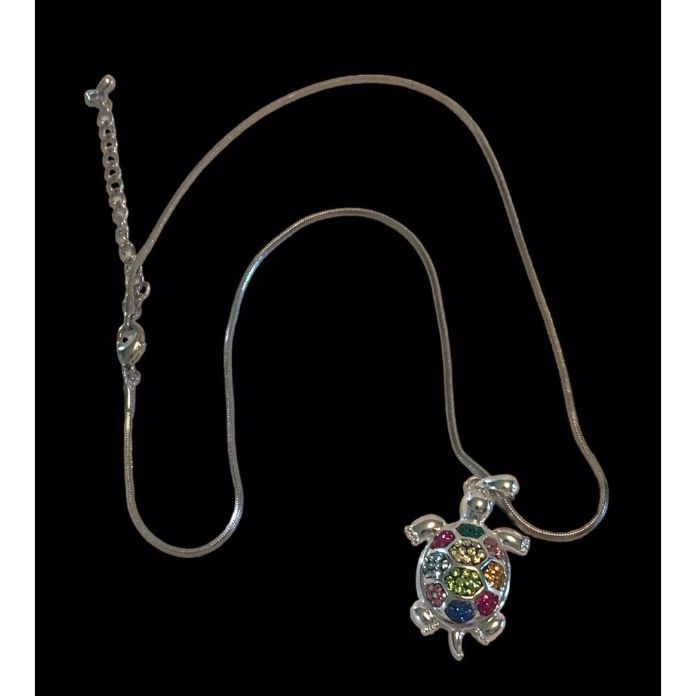 JCM China Pendant Necklac Turtle Silver Tone Rope Rainbow Crystal Rhinestones